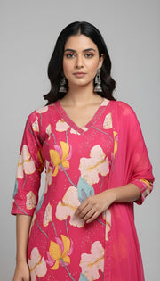 Pink Printed Straight Kurta Set With Dupatta for Women