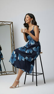 Navy Blue Floral Printed Dress for Women
