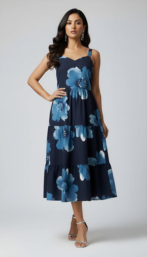 Navy Blue Floral Printed Dress for Women