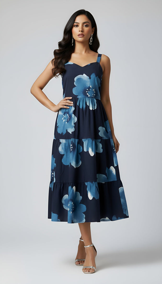 Navy Blue Floral Printed Dress for Women