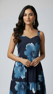 Navy Blue Floral Printed Dress for Women