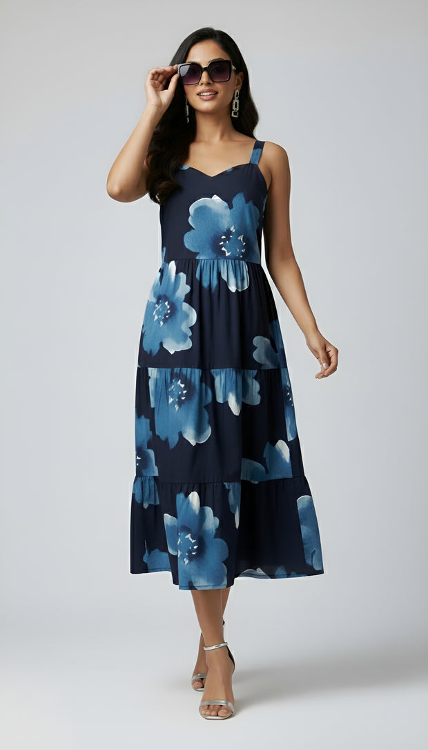 Navy Blue Floral Printed Dress for Women