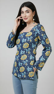 Women Blue Printed Straight Tunic