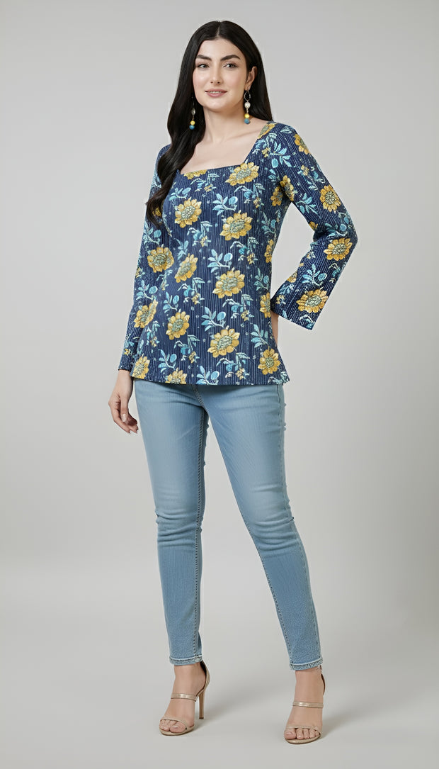 Women Blue Printed Straight Tunic