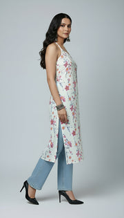 White Printed Stylish Back Straight Sleeveless Kurta