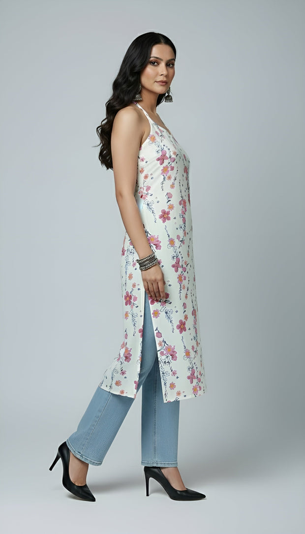 White Printed Stylish Back Straight Sleeveless Kurta