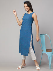 Women Blue Printed Straight Sleeveless Kurta