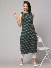 Women Green Ethnic Printed Straight Sleevless Kurta