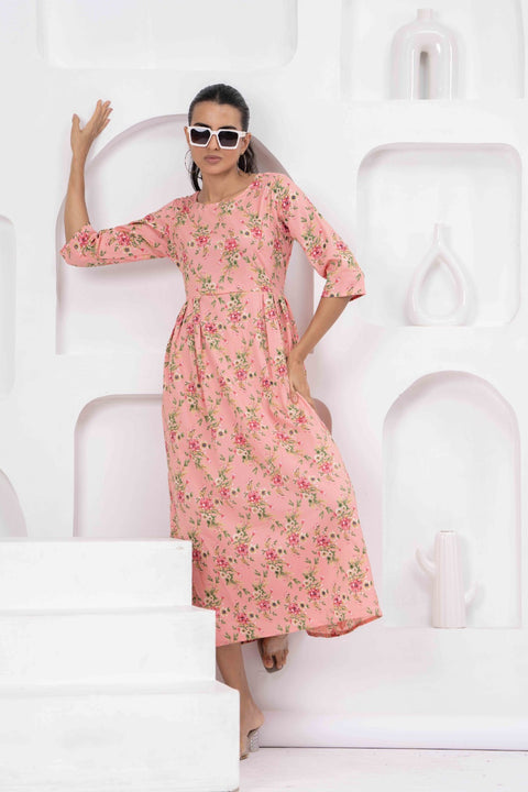 Peach Floral Printed Flared Dress for Women