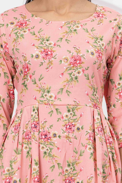 Peach Floral Printed Flared Dress for Women