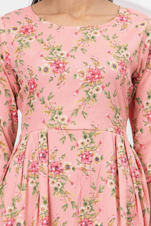 Peach Floral Printed Flared Dress for Women