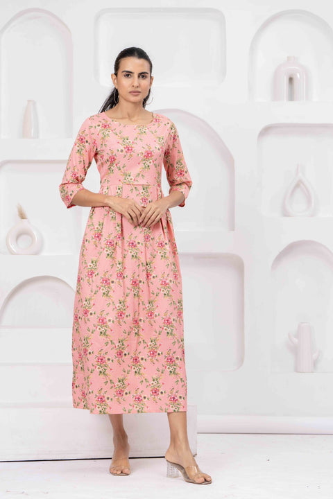 Peach Floral Printed Flared Dress for Women
