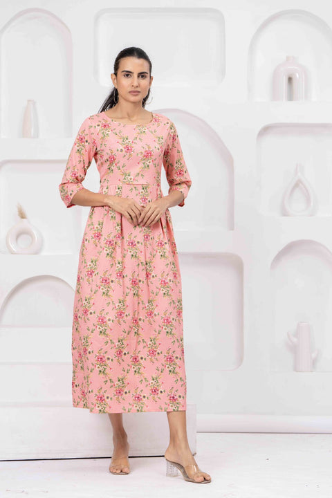 Peach Floral Printed Flared Dress for Women