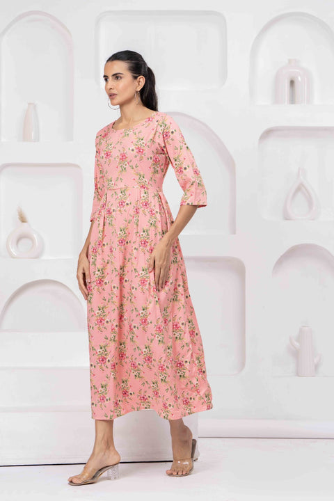 Peach Floral Printed Flared Dress for Women
