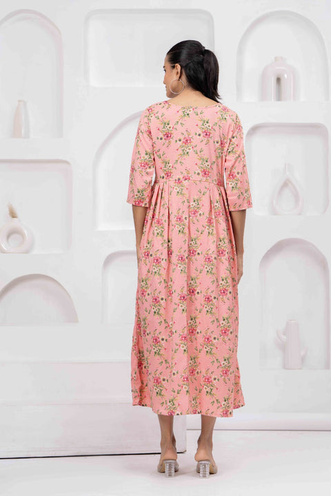 Peach Floral Printed Flared Dress for Women