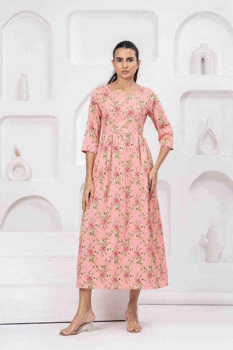 Peach Floral Printed Flared Dress for Women