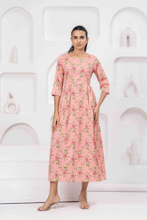 Peach Floral Printed Flared Dress for Women