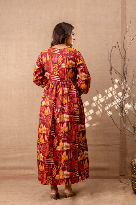 Women Maroon Printed Flared Maternity Dress