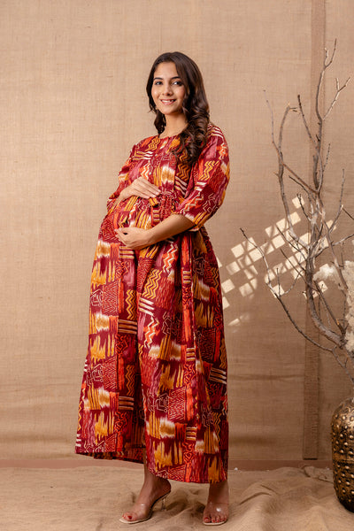 Women Maroon Printed Flared Maternity Dress