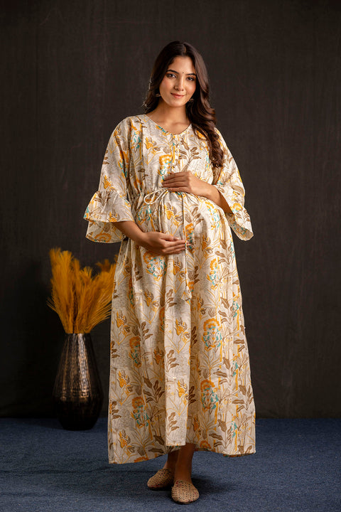 Women Off White Printed Flared Maternity Dress