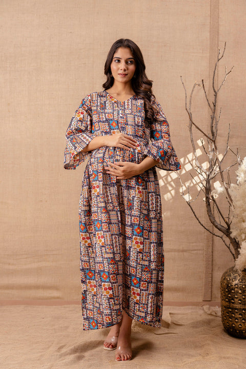 Women Multi Printed Flared Maternity Dress