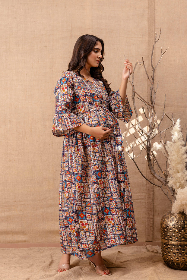 Women Multi Printed Flared Maternity Dress