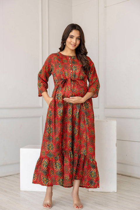 Women Maroon Printed Flared Maternity Dress Nayo Clothing Women Maroon Printed Flared Maternity Dress Nayo Clothing