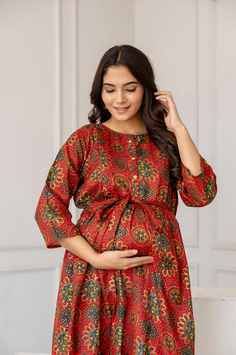 Women Maroon Printed Flared Maternity Dress