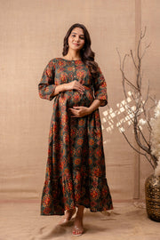 Women Green Printed Flared Maternity Dress