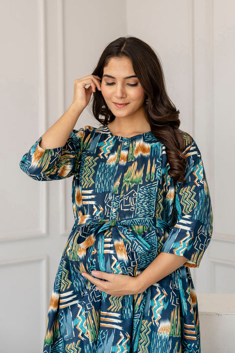 Women Multi Printed Flared Maternity Dress