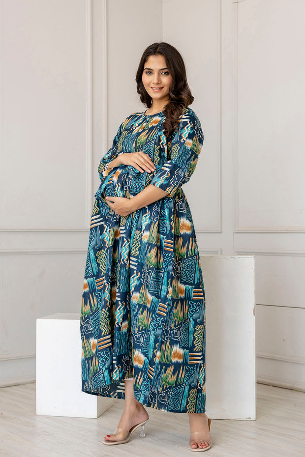 Women Multi Printed Flared Maternity Dress