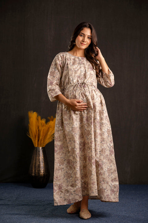 Women Beige Printed Flared Maternity Dress