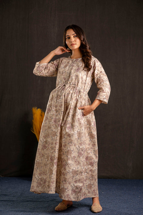 Women Beige Printed Flared Maternity Dress