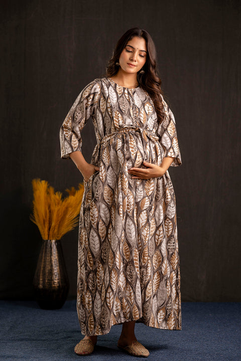 Women Grey Printed Flared Maternity Dress