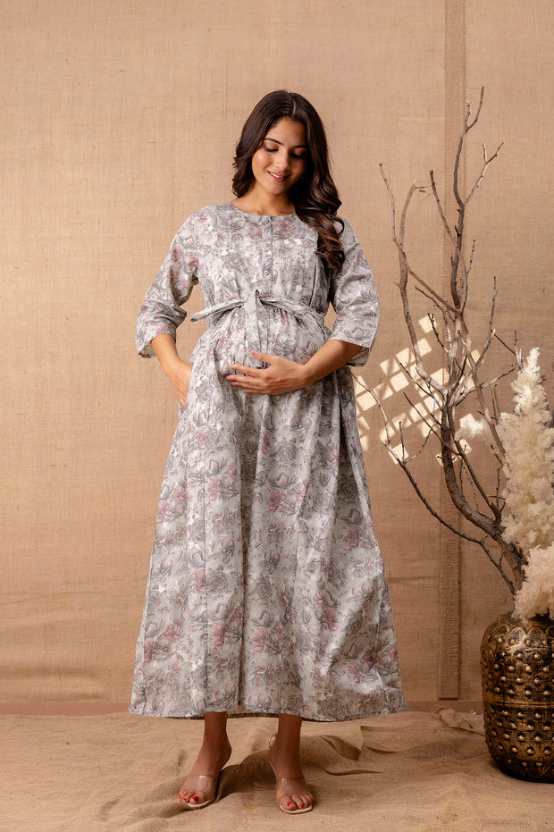 Women Grey Printed Flared Maternity Dress