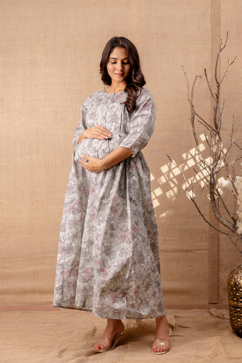 Women Grey Printed Flared Maternity Dress