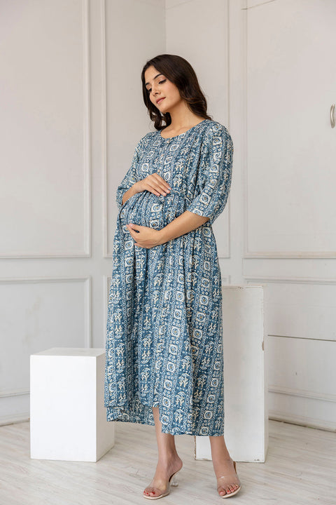 Women Teal Blue Printed Flared Maternity Dress