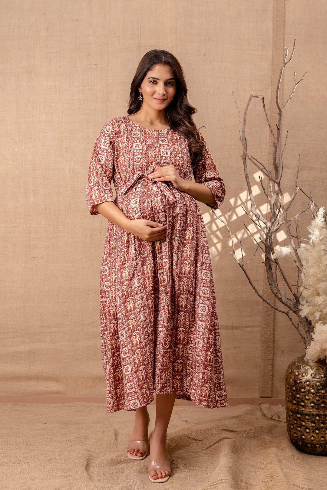 Women Brown Printed Flared Maternity Dress – Nayo Clothing