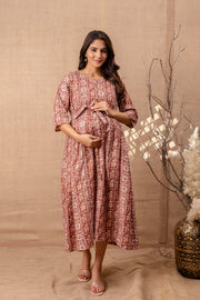 Women Brown Printed Flared Maternity Dress