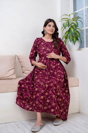 Nayo Fab Burgundy Printed Maternity Dress For Women