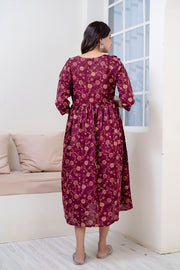 Nayo Fab Burgundy Printed Maternity Dress For Women