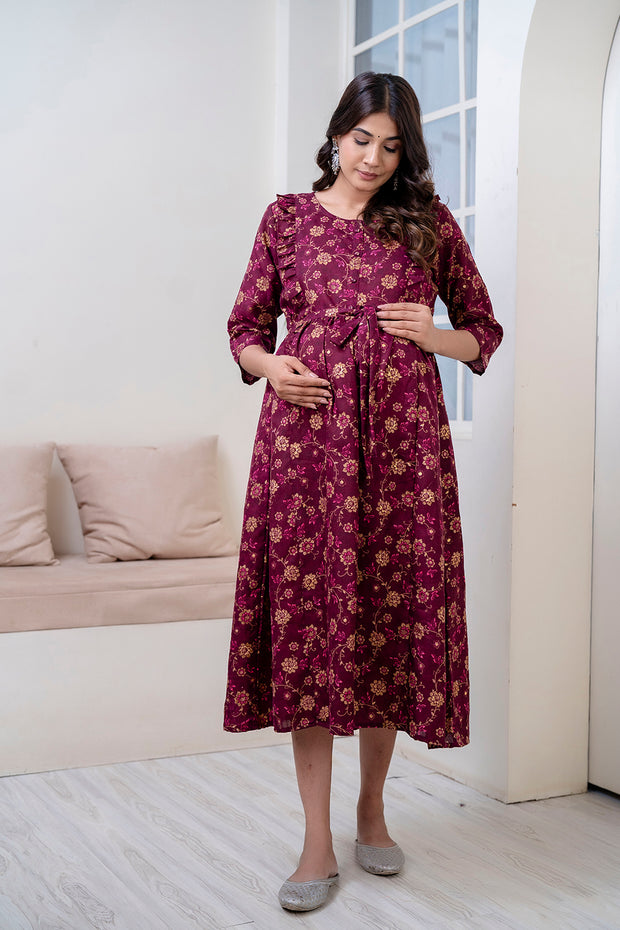 Nayo Fab Burgundy Printed Maternity Dress For Women