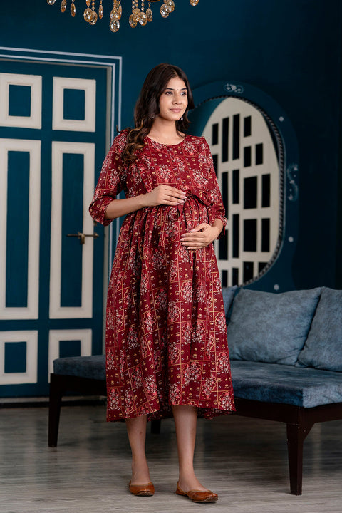 Nayo Fab Maroon Printed Maternity Dress For Women