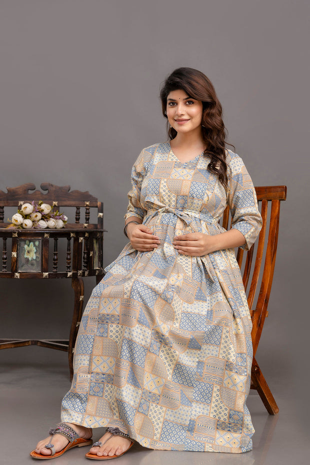 Nayo Fab Blue Printed Maternity Dress For Women