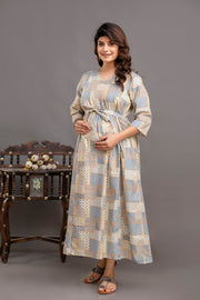 Nayo Fab Blue Printed Maternity Dress For Women