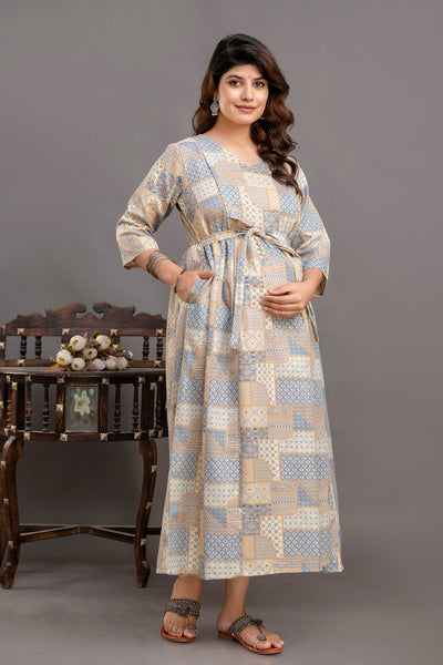 Nayo Fab Blue Printed Maternity Dress For Women