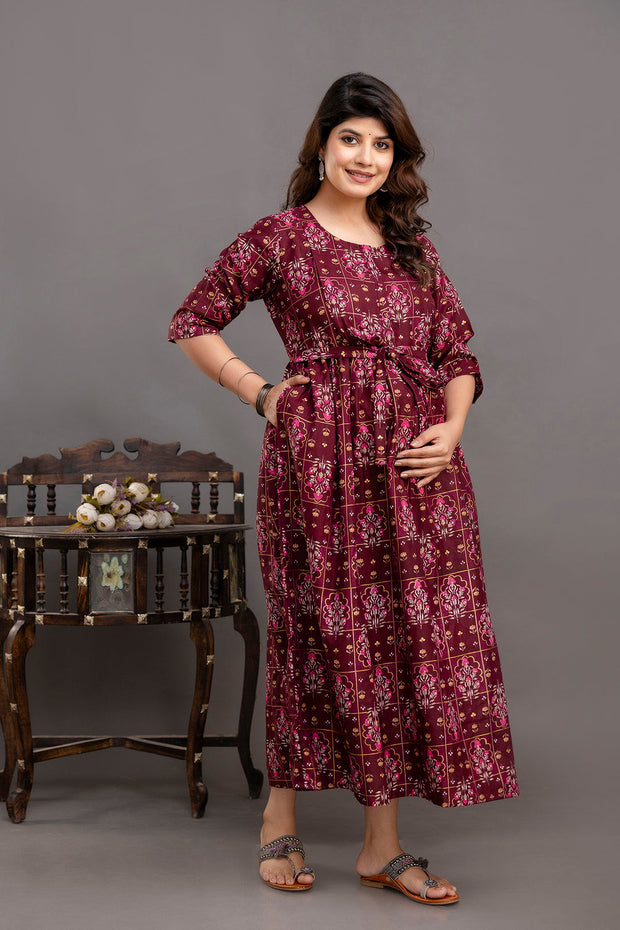 Nayo Fab Burgundy Printed Maternity Dress For Women