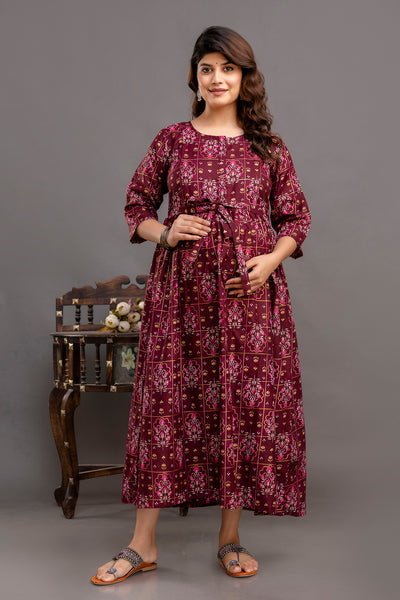 Nayo Fab Burgundy Printed Maternity Dress For Women