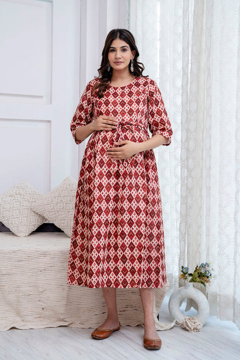 Nayo Fab Maroon Printed Maternity Dress For Women