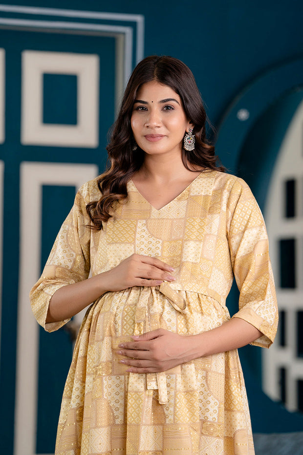 Nayo Fab Beige Printed Maternity Dress For Women